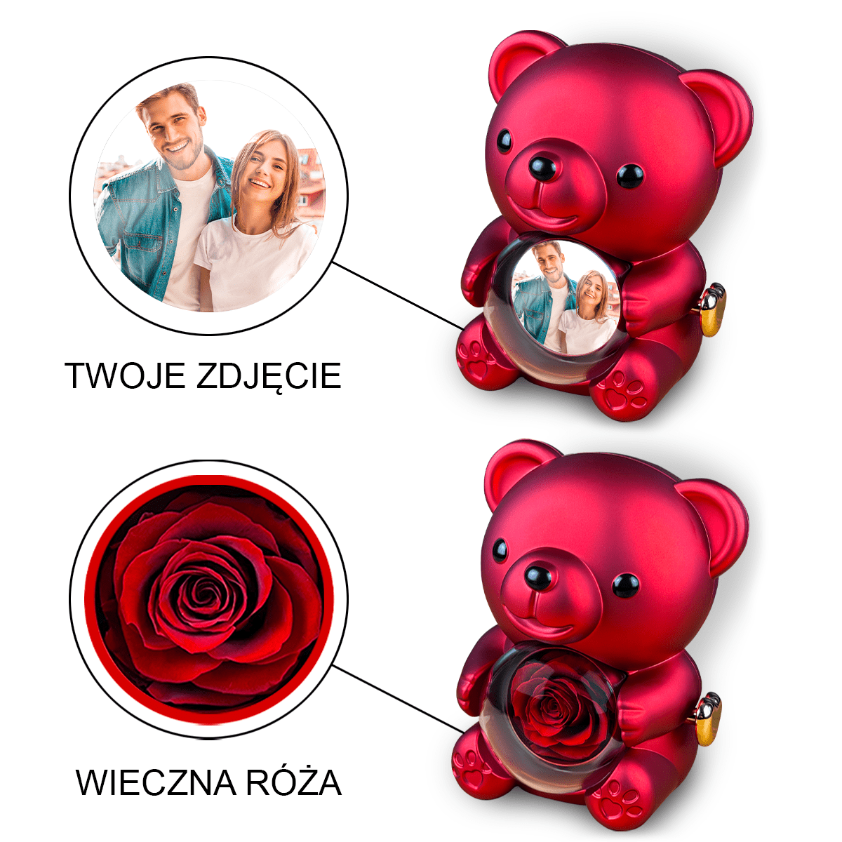 Zdjęcie zakochanych - Miś z różą wieczną i wydrukiem, spersonalizowany prezent dla niego - idamell.com