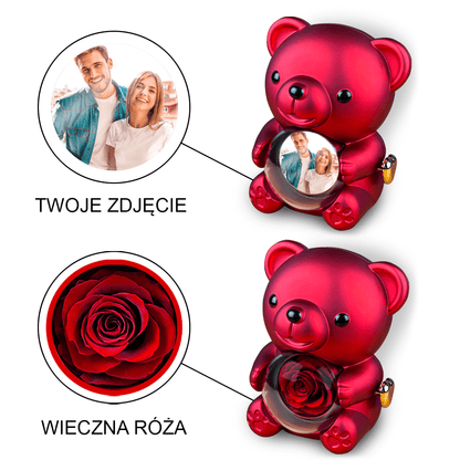 Zdjęcie zakochanych - Miś z różą wieczną i wydrukiem, spersonalizowany prezent dla niego - idamell.com