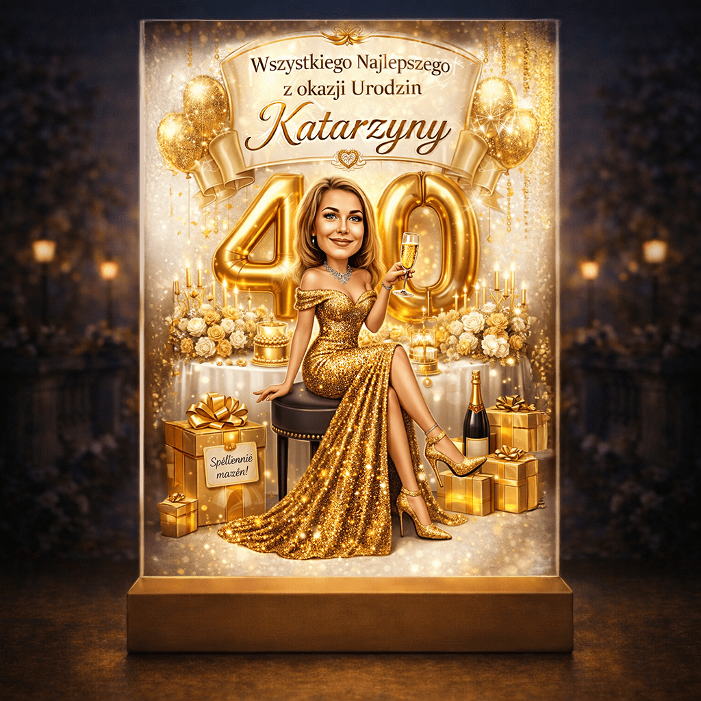 Złota stylizacja glamour na szkle akrylowym – Prezent na 40. urodziny - idamell.com