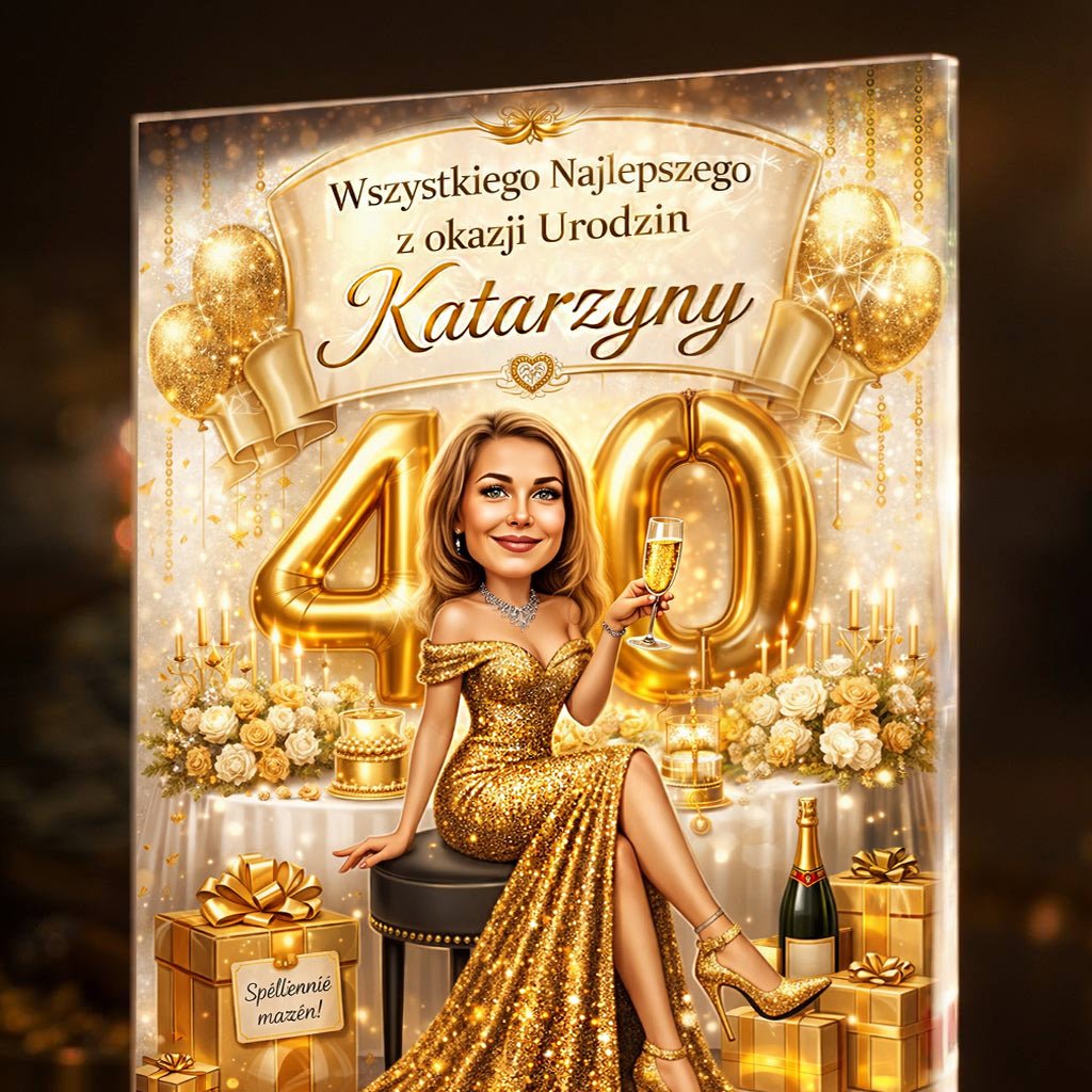 Złota stylizacja glamour na szkle akrylowym – Prezent na 40. urodziny - idamell.com