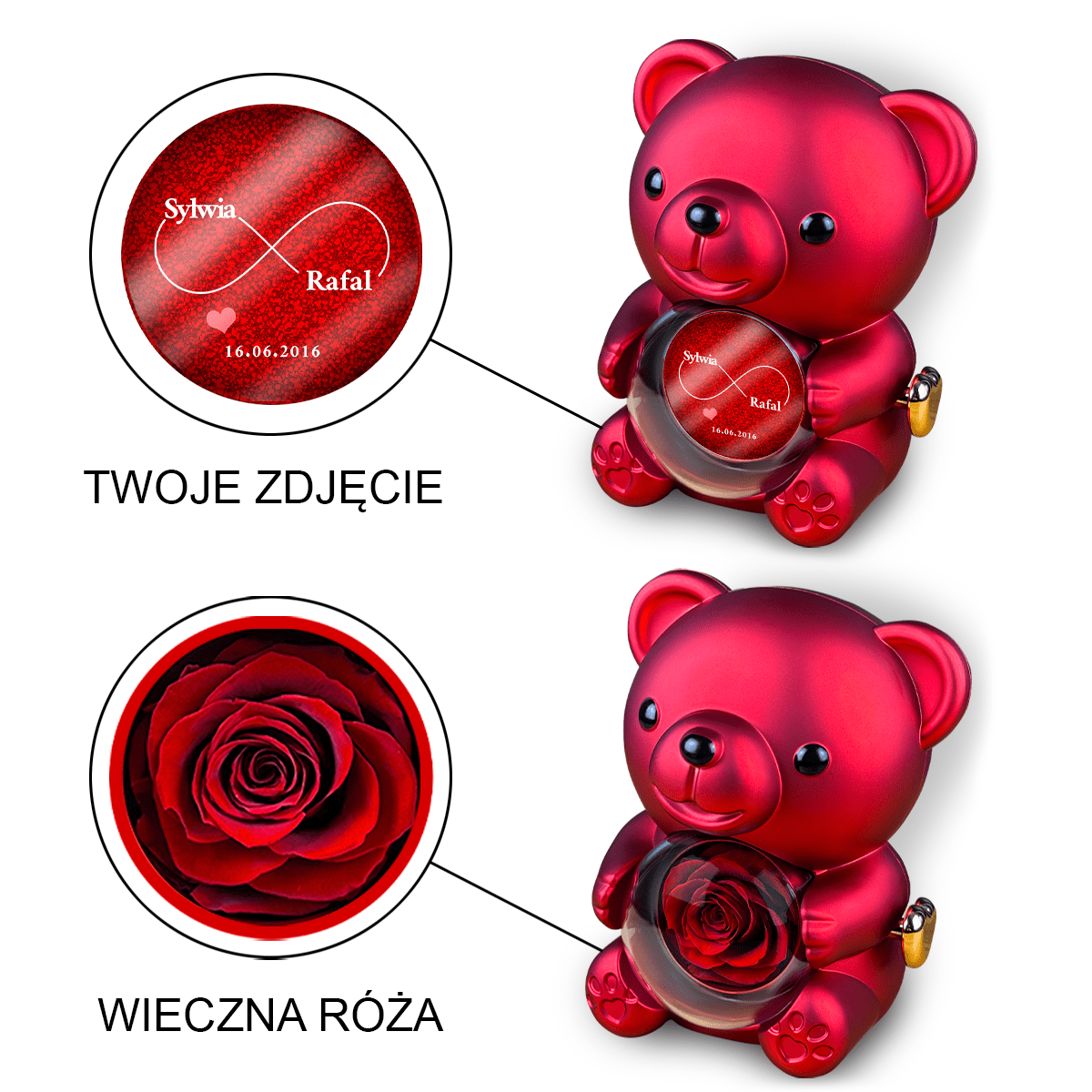 Znak nieskończoności - Miś z różą wieczną i wydrukiem, spersonalizowany prezent dla pary - idamell.com
