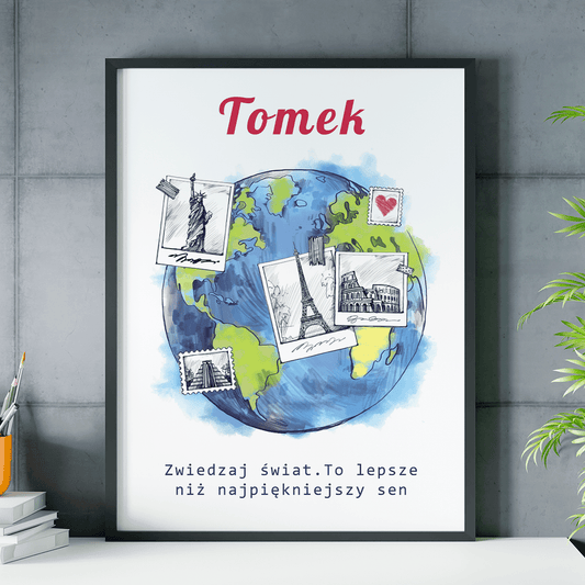 Zwiedzaj świat - plakat, spersonalizowany prezent dla podróżnika - idamell.com