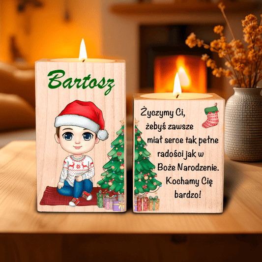 Życzenia dla dziecka - 2 x Drewniany świecznik, spersonalizowany prezent dla dziecka - idamell.com