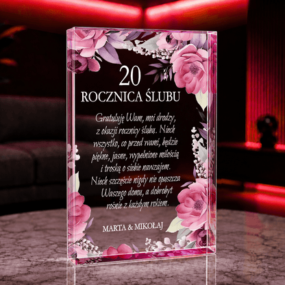 Życzenia na 20 rocznicę ślubu - Druk na szkle, spersonalizowany prezent dla pary - idamell.com