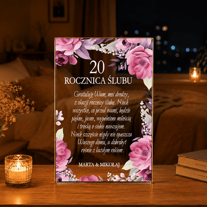 Życzenia na 20 rocznicę ślubu - Druk na szkle, spersonalizowany prezent dla pary - idamell.com