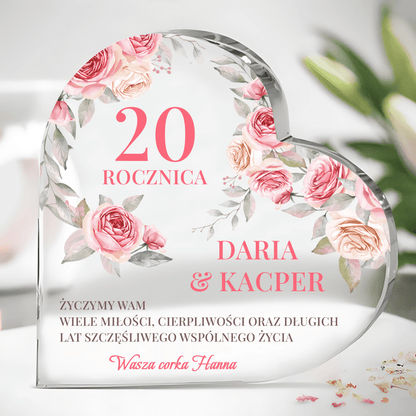 Życzenia na 20. rocznicę - Szklane serce, spersonalizowany prezent dla pary - idamell.com