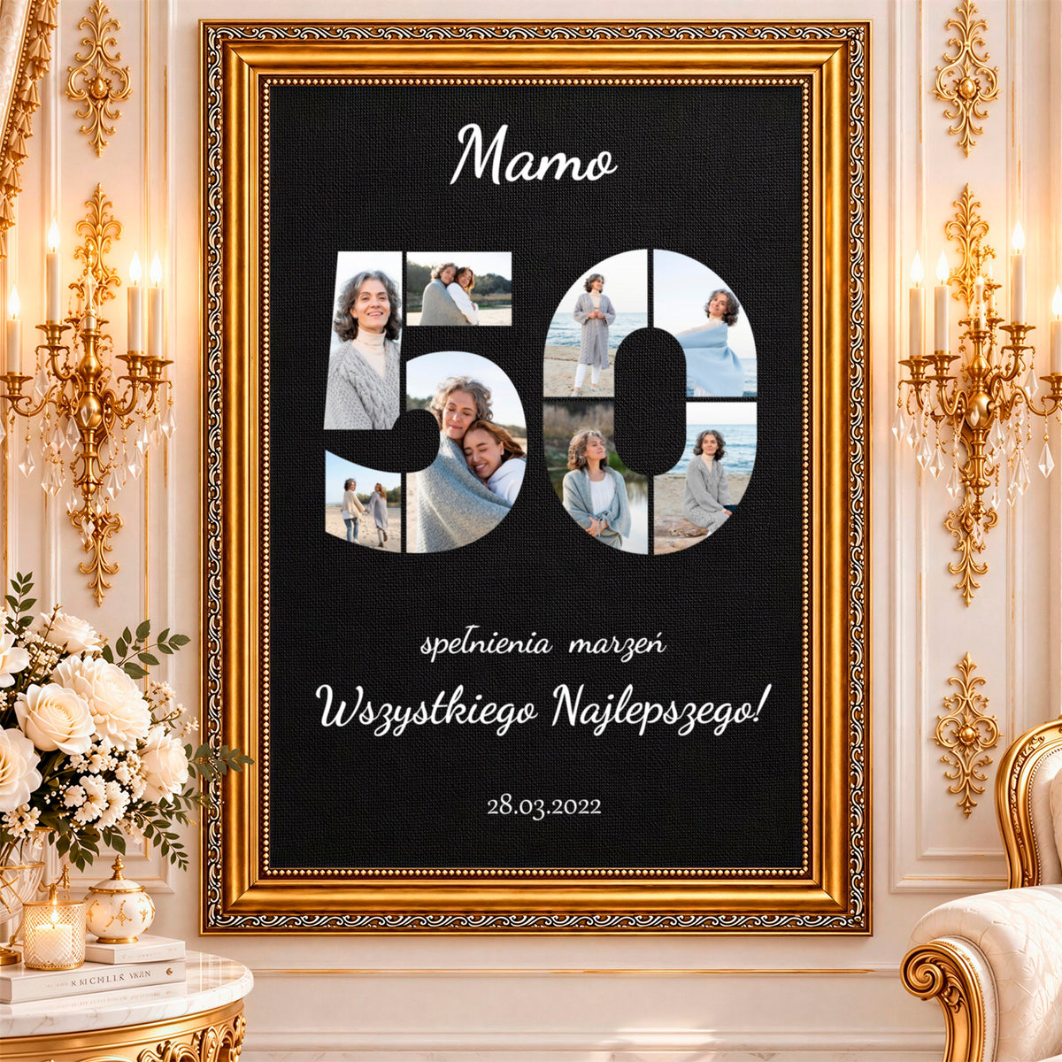 Kolaż ze zdjęć na płótnie Życzenia na 50 lat — prezent dla mamy