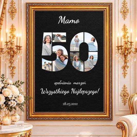 Kolaż ze zdjęć na płótnie Życzenia na 50 lat — prezent dla mamy