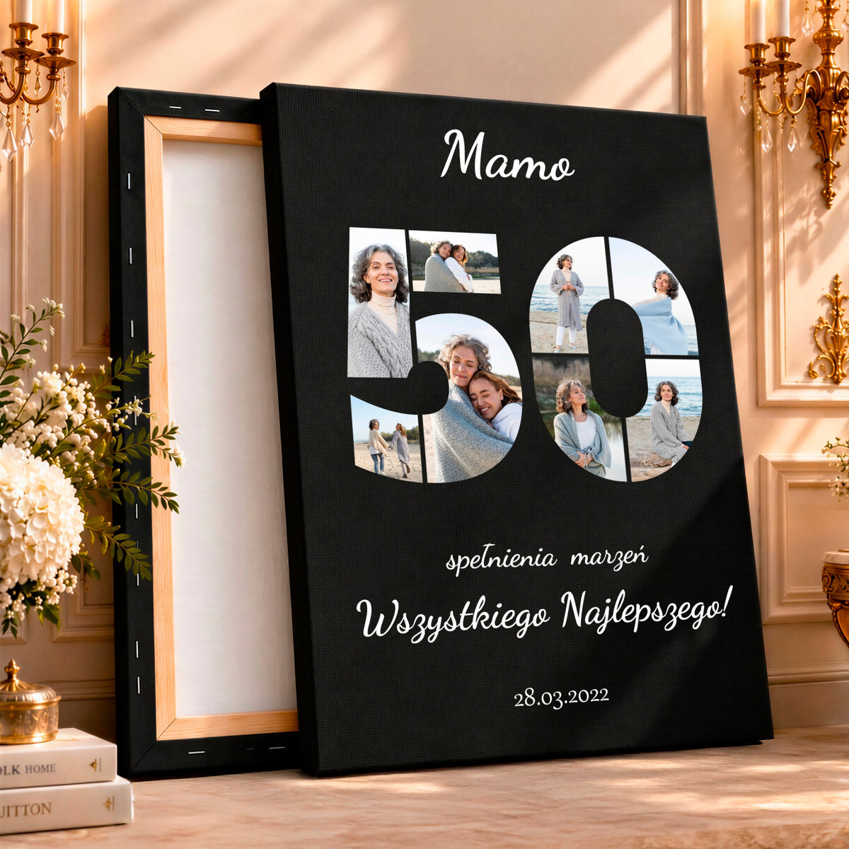 Kolaż ze zdjęć na płótnie Życzenia na 50 lat — prezent dla mamy