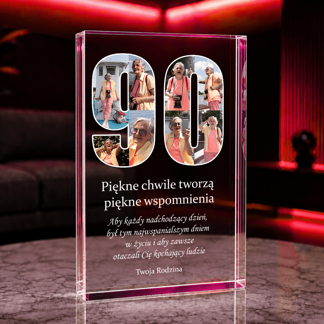 Życzenia na 90 lat - Druk na szkle, spersonalizowany prezent dla babci - idamell.com