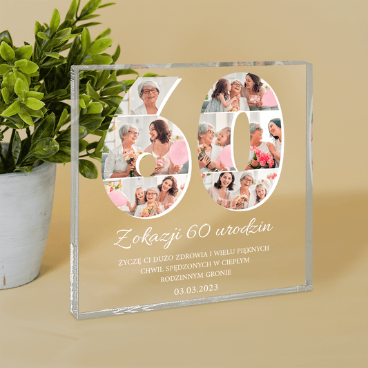 Życzenia od serca na 60. urodziny - Druk na kwadratowym szkle, spersonalizowany prezent dla babci - idamell.com