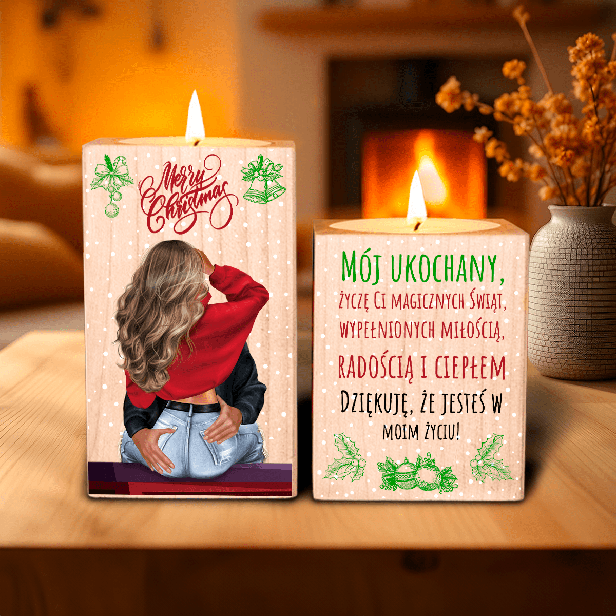 Życzenia świąteczne dla męża - 2 x Drewniany świecznik, spersonalizowany prezent dla męża - idamell.com