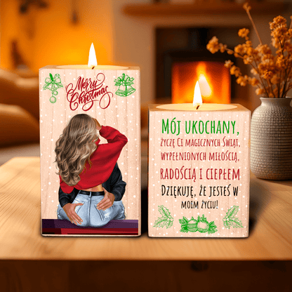 Życzenia świąteczne dla męża - 2 x Drewniany świecznik, spersonalizowany prezent dla męża - idamell.com