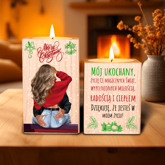 Życzenia świąteczne dla męża - 2 x Drewniany świecznik, spersonalizowany prezent dla męża - idamell.com