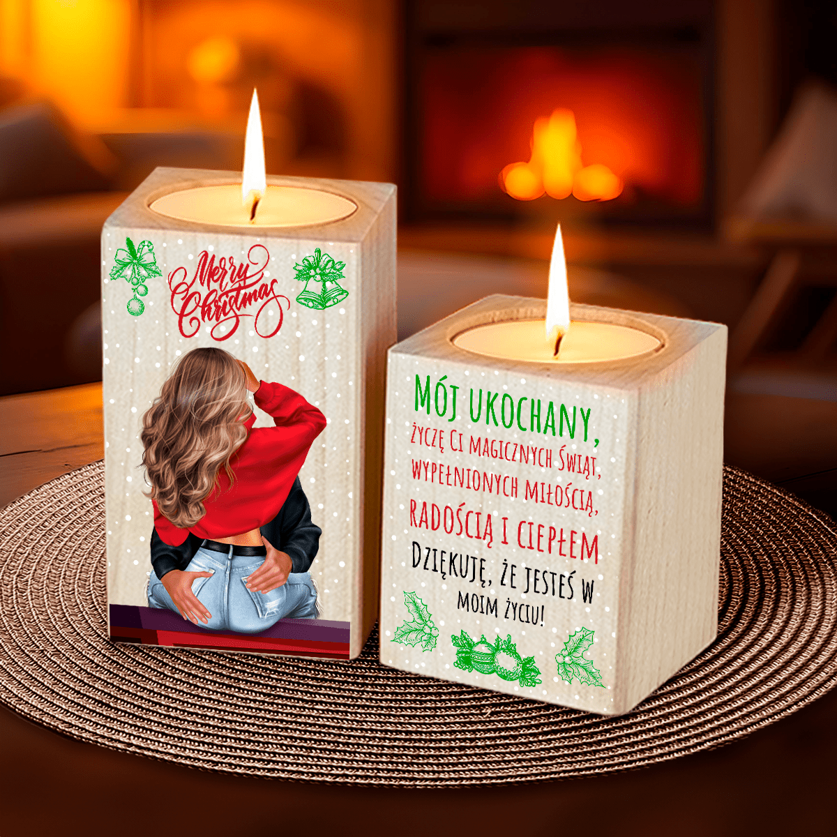Życzenia świąteczne dla męża - 2 x Drewniany świecznik, spersonalizowany prezent dla męża - idamell.com