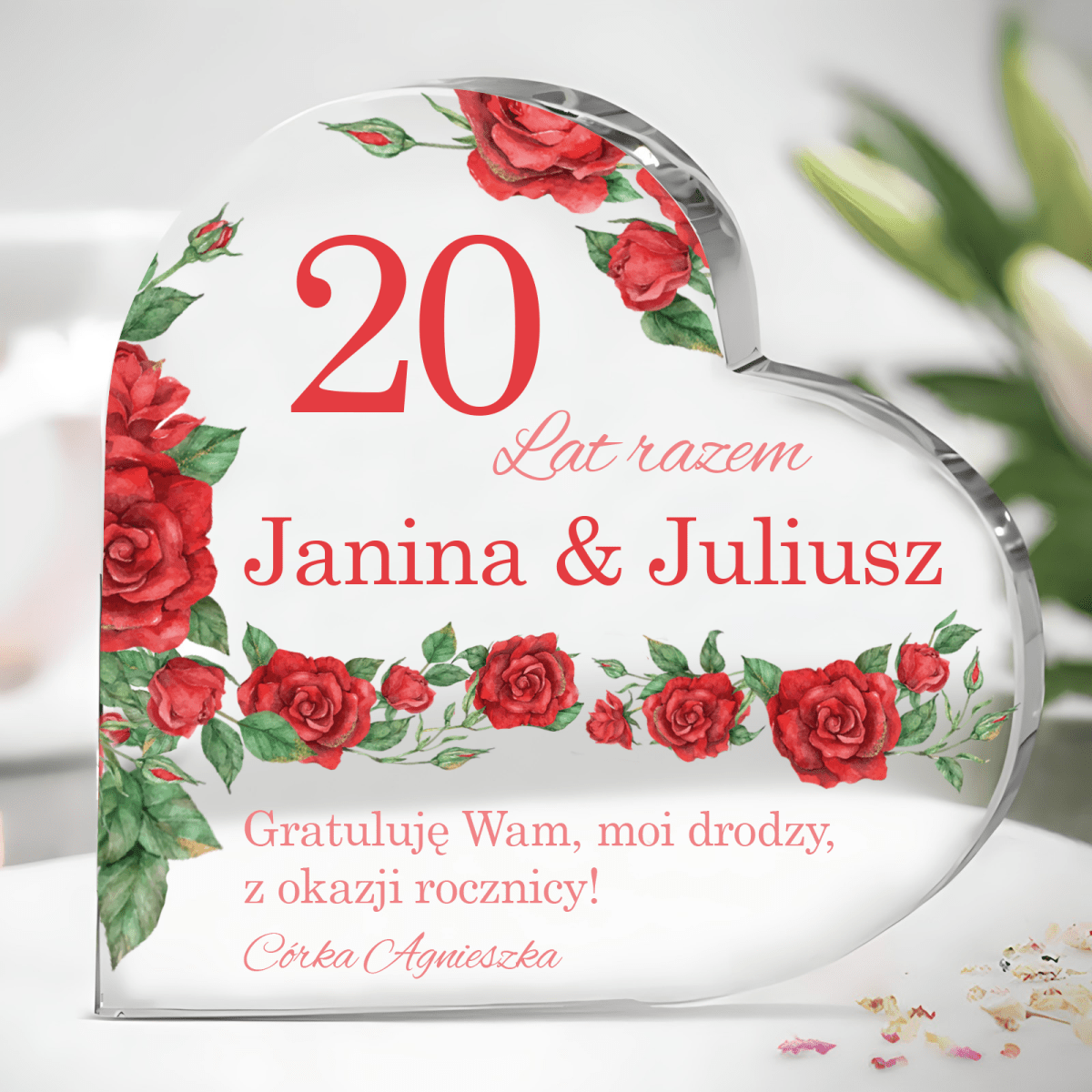 20 lat razem napis - Szklane serce, spersonalizowany prezent dla Pary - idamell.com