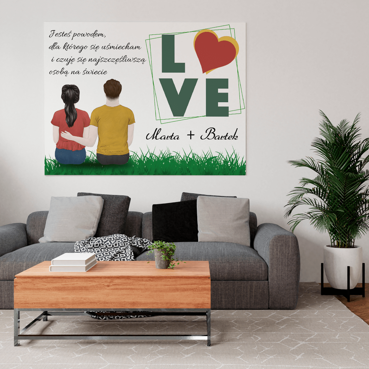 Clipart love + imiona - druk na płótnie, spersonalizowany prezent dla pary - idamell.com