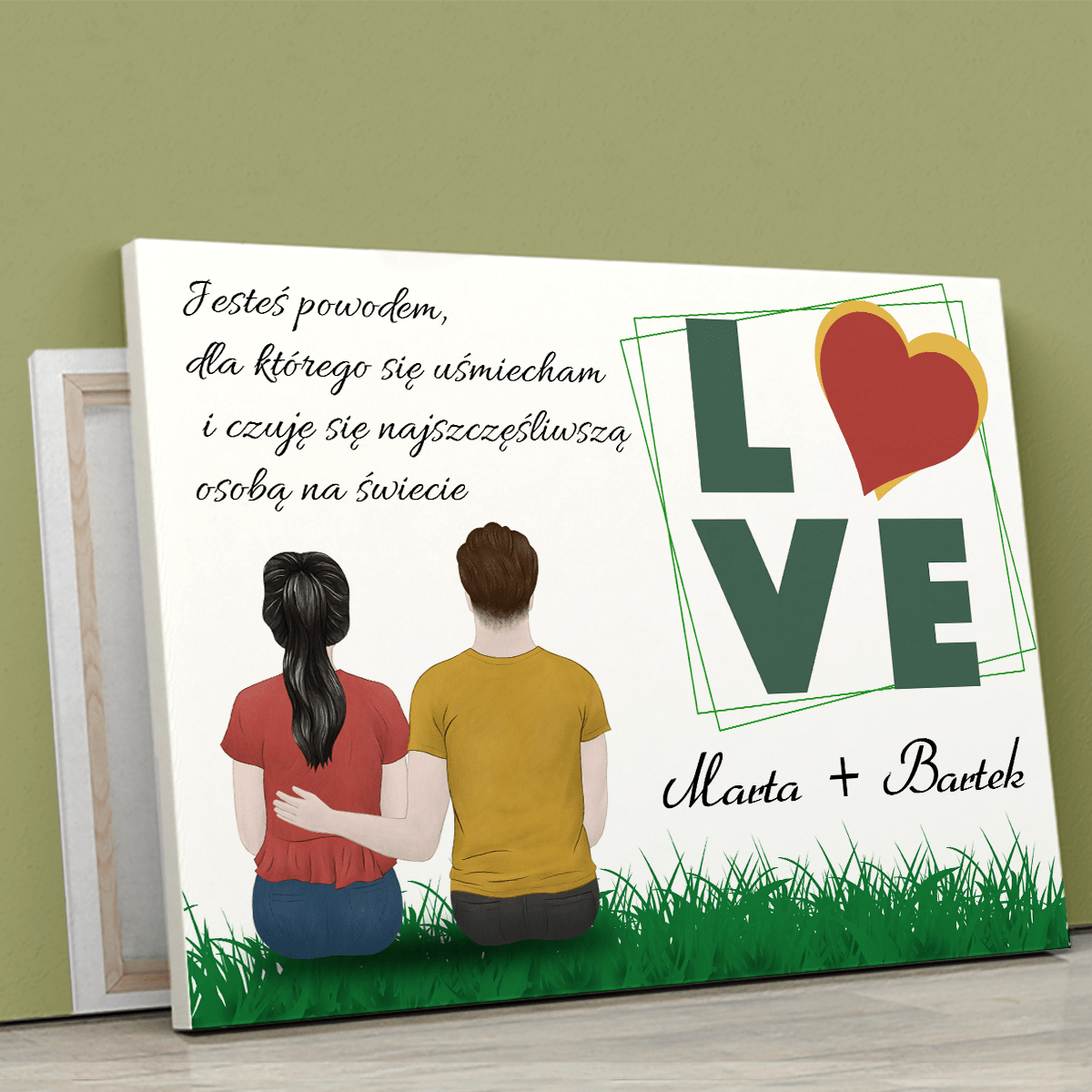 Clipart love + imiona - druk na płótnie, spersonalizowany prezent dla pary - idamell.com