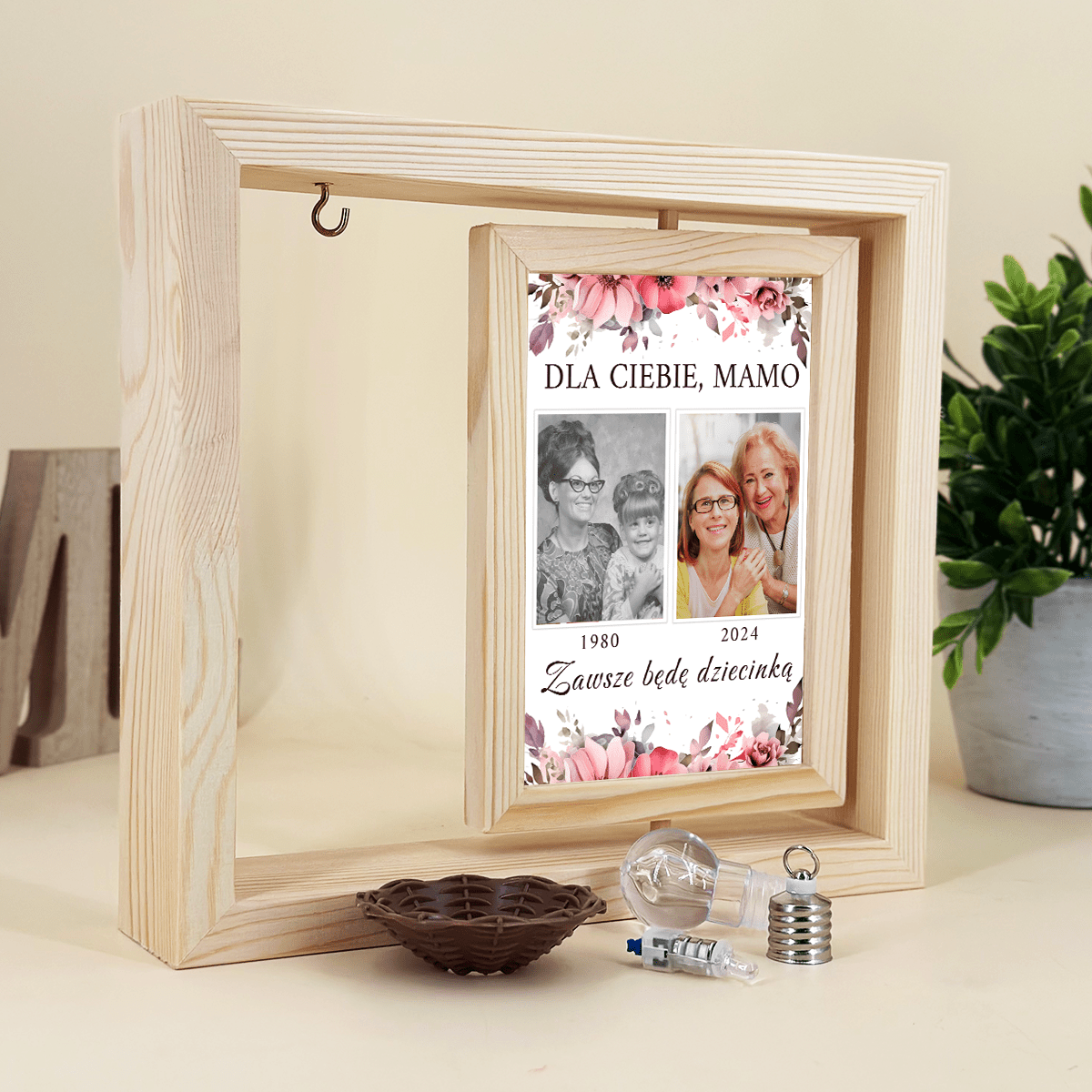 Dla Ciebie mamo - Druk na szkle w drewnianej ramce + led, spersonalizowany prezent dla mamy - idamell.com