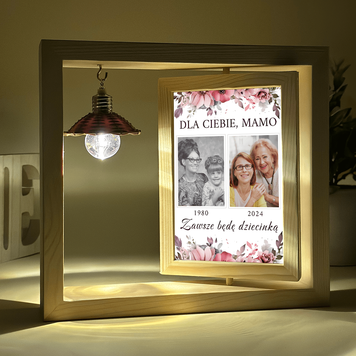 Dla Ciebie mamo - Druk na szkle w drewnianej ramce + led, spersonalizowany prezent dla mamy - idamell.com