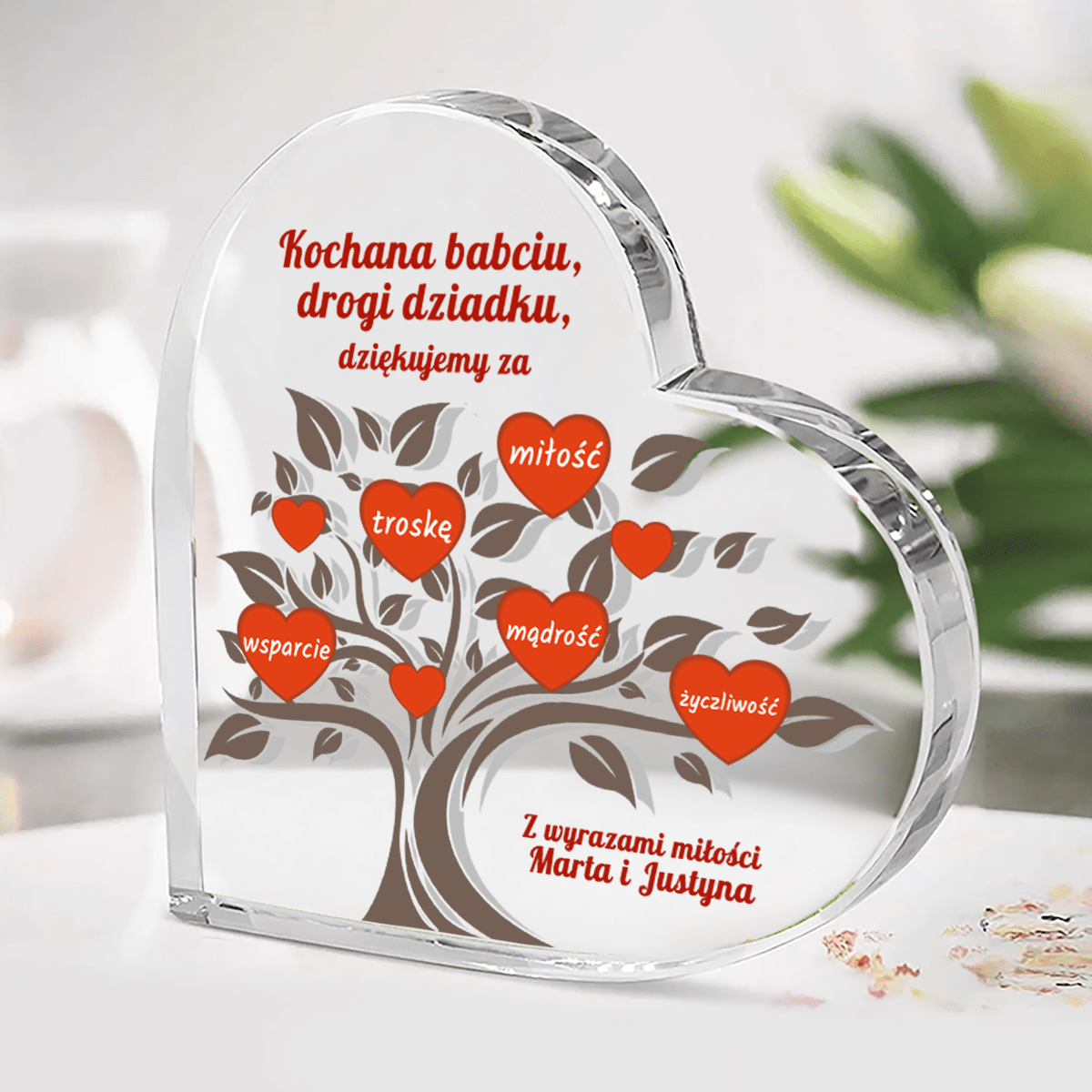 Drzewo serc dla dziadków - Szklane serce, spersonalizowany prezent - idamell.com