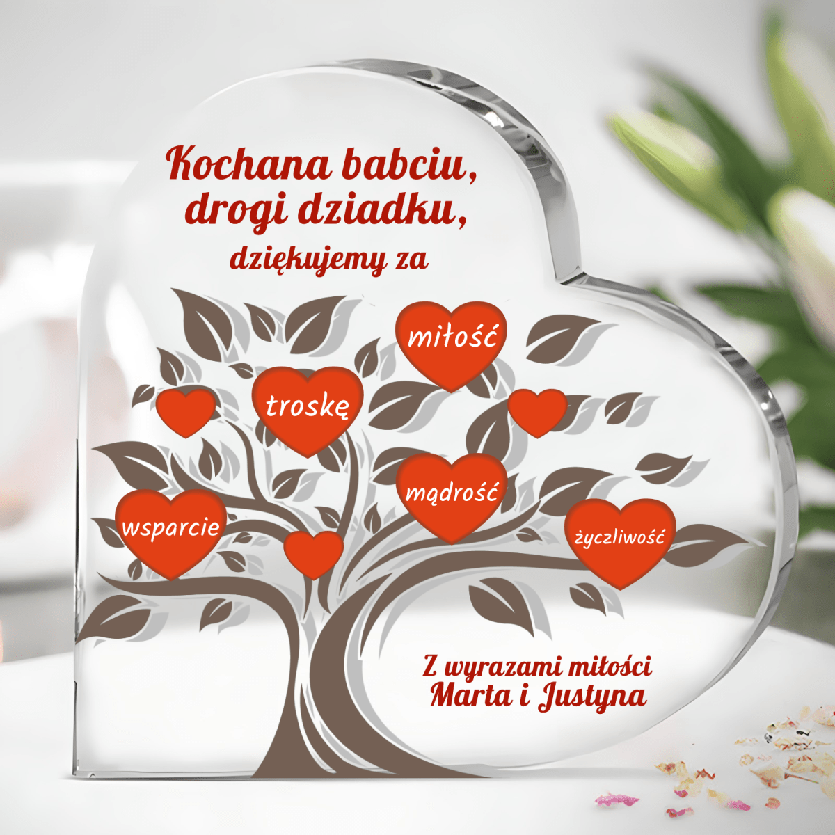 Drzewo serc dla dziadków - Szklane serce, spersonalizowany prezent - idamell.com