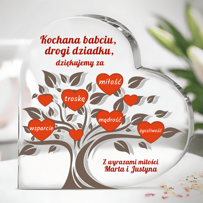 Drzewo serc dla dziadków - Szklane serce, spersonalizowany prezent - idamell.com