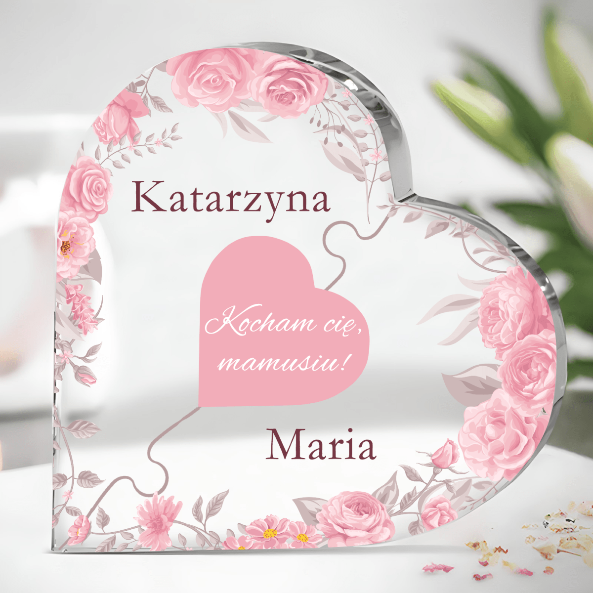 Dwa puzzle serce - Szklane serce, spersonalizowany prezent dla mamy - idamell.com