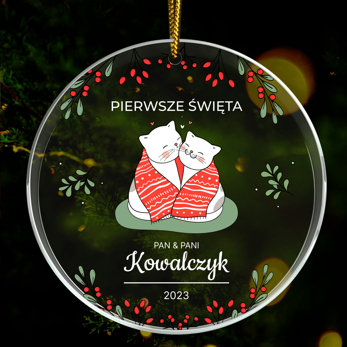 Grafika świąteczne koty - bombka choinkowa, spersonalizowany prezent dla żony - idamell.com