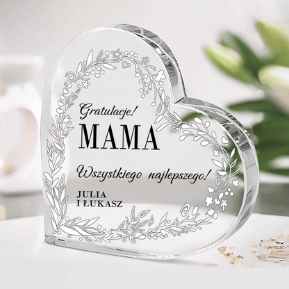 Gratulacje z kwiecistym motywem - Szklane serce, spersonalizowany prezent dla mamy - idamell.com