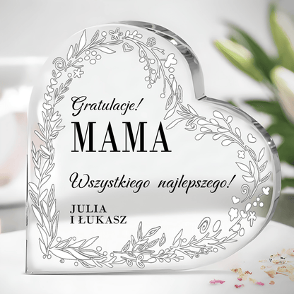 Gratulacje z kwiecistym motywem - Szklane serce, spersonalizowany prezent dla mamy - idamell.com