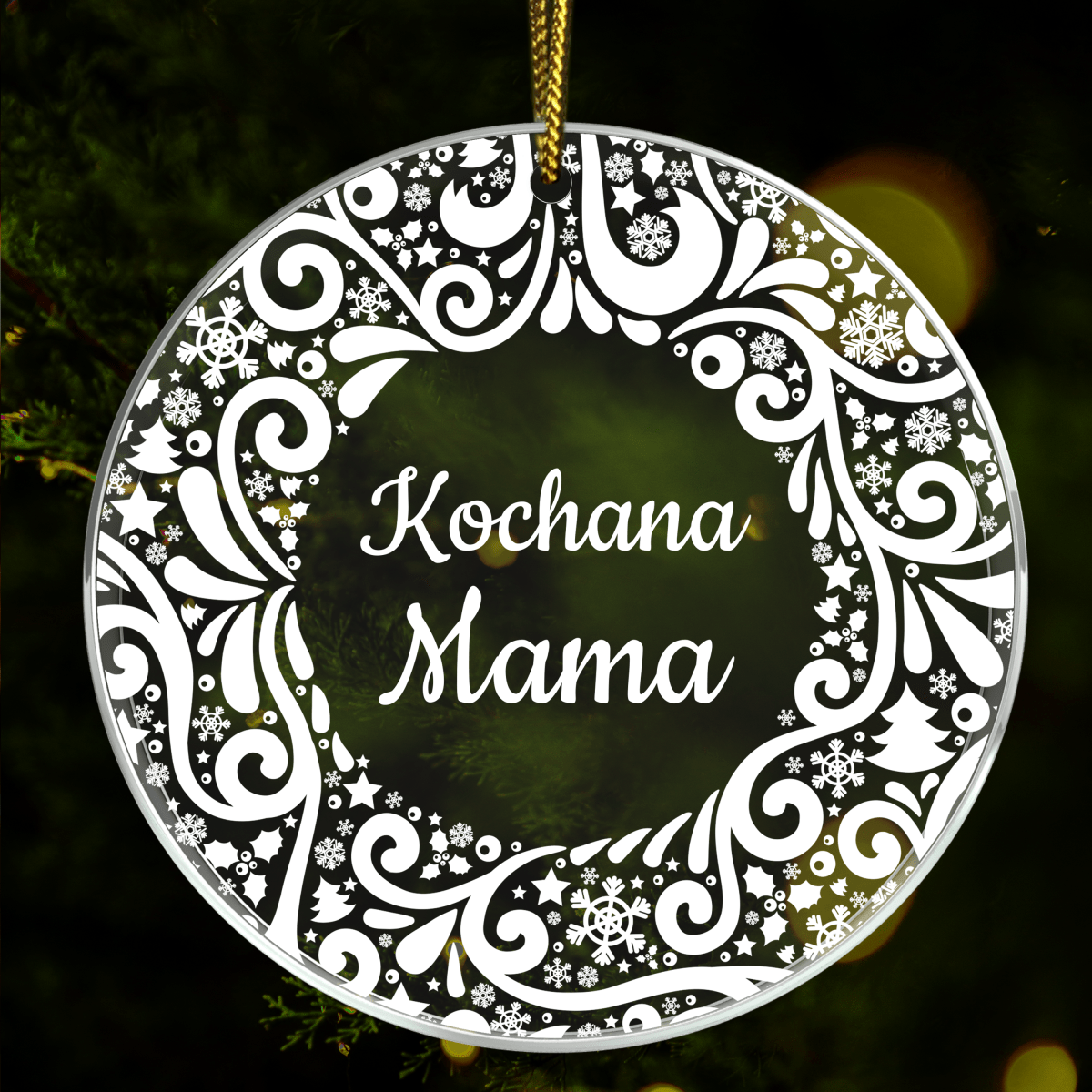 Kochana mama napis + świąteczne wzory - bombka choinkowa, spersonalizowany prezent dla mamy - idamell.com