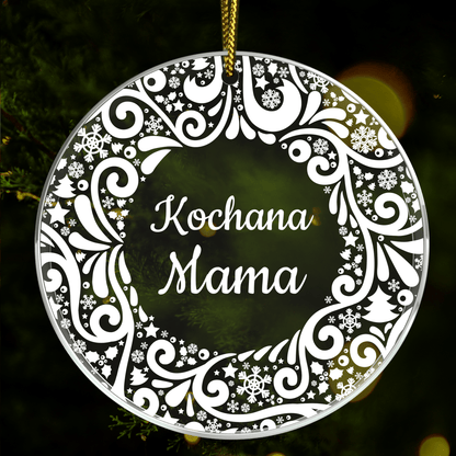 Kochana mama napis + świąteczne wzory - bombka choinkowa, spersonalizowany prezent dla mamy - idamell.com