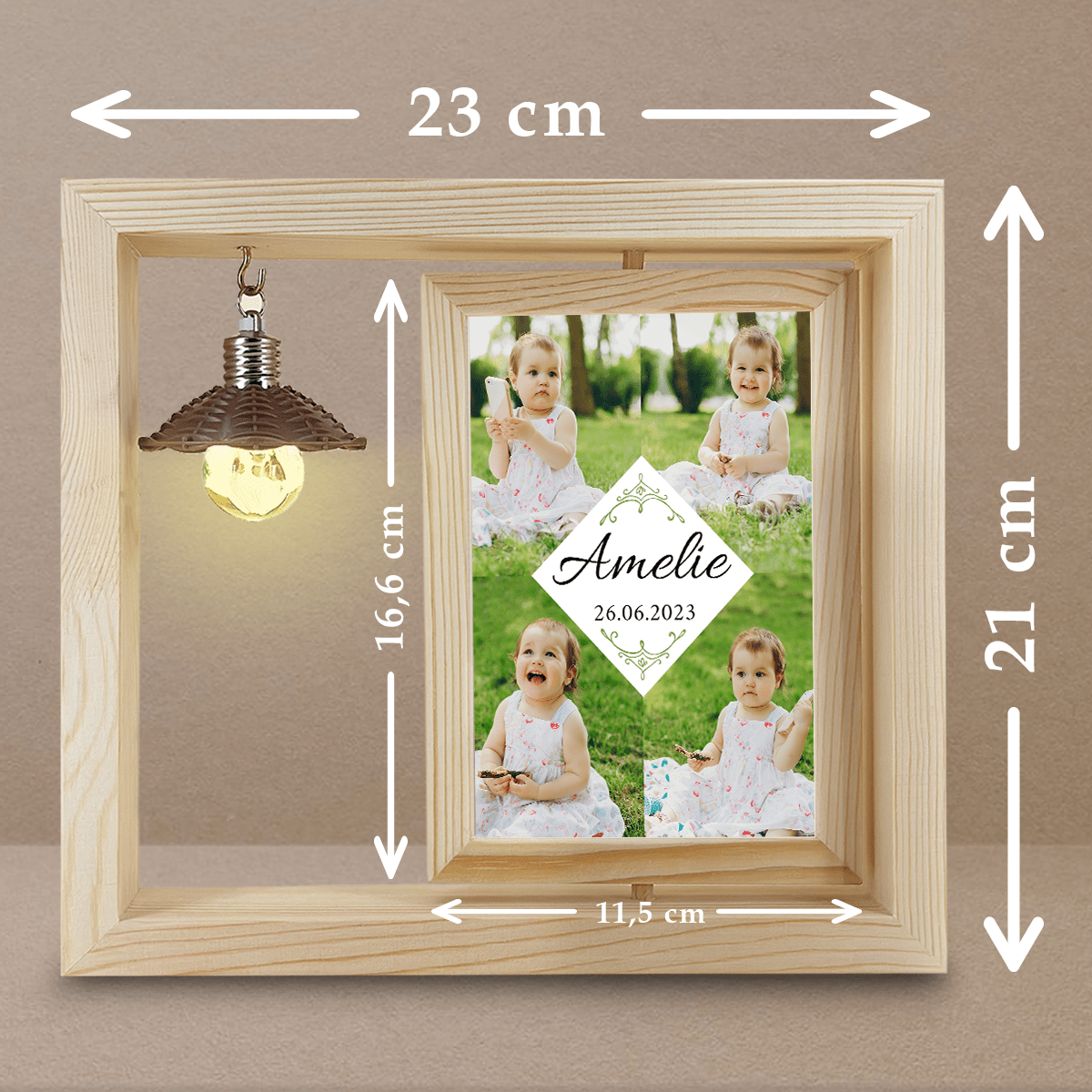 Kolaż 4. zdjęć dziecka - Druk na szkle w drewnianej ramce + led, spersonalizowany prezent dla dziecka - idamell.com