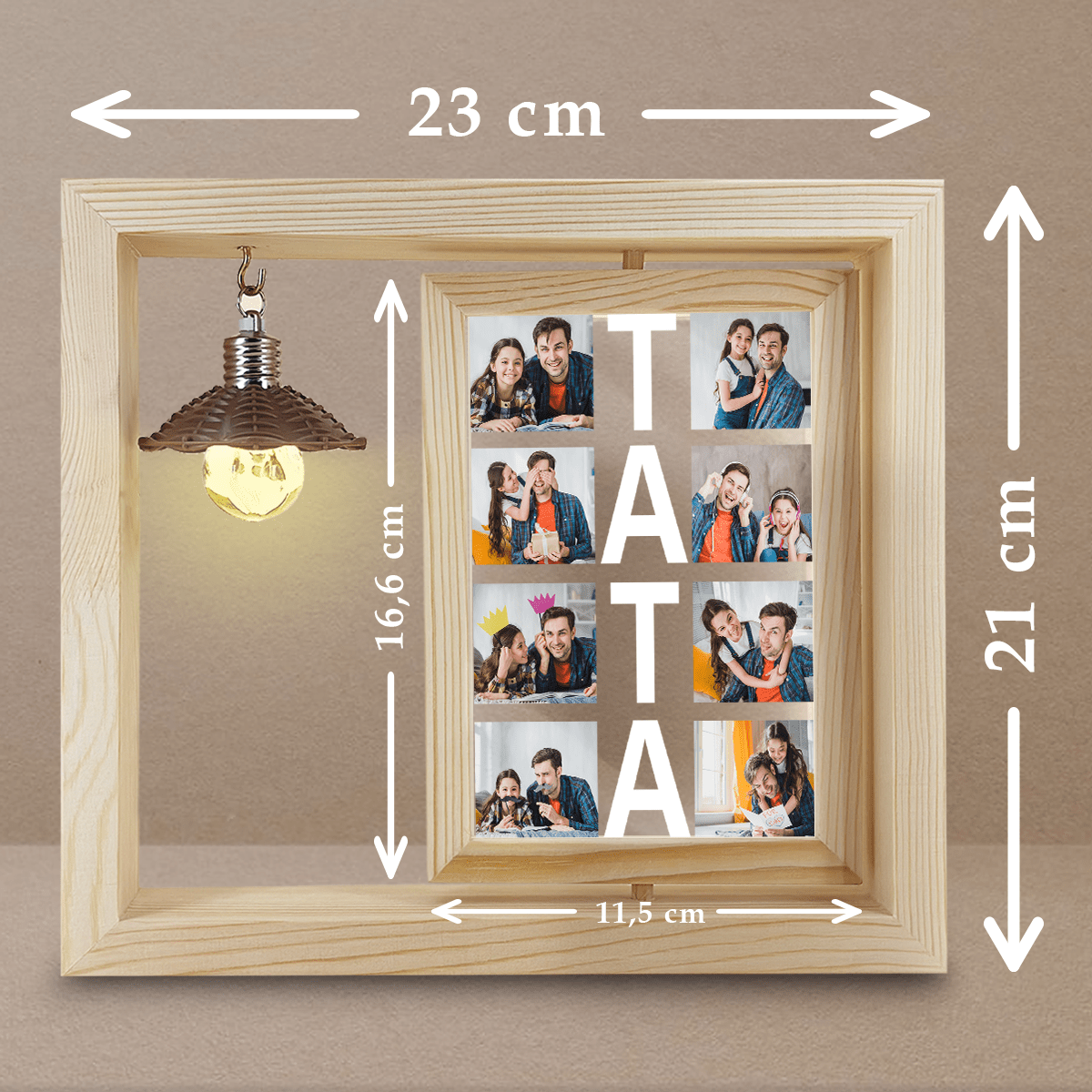 Kolaż 8 zdjęć dla taty - Druk na szkle w drewnianej ramce + led, spersonalizowany prezent dla taty - idamell.com