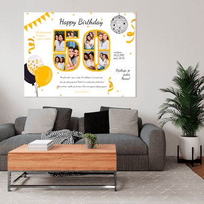 Kolaż na 50 z życzeniami biały - druk na płótnie, spersonalizowany prezent dla mamy - idamell.com