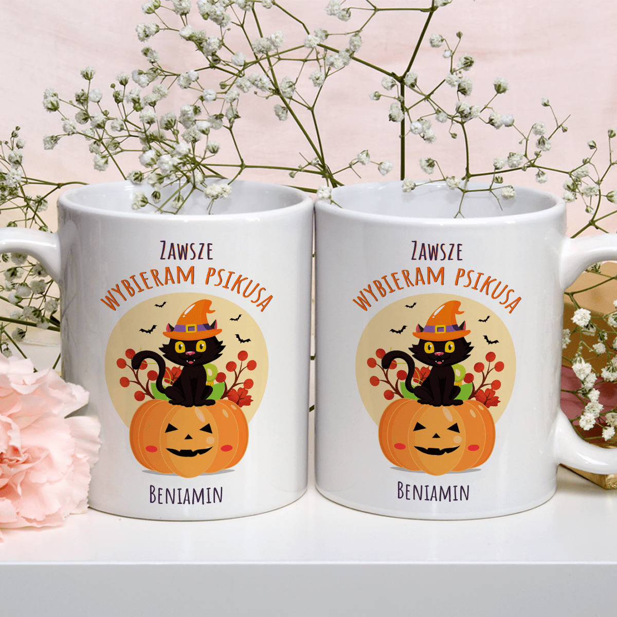 Kot na Halloween - 1x Kubek z nadrukiem, spersonalizowany prezent dla przyjaciela - idamell.com