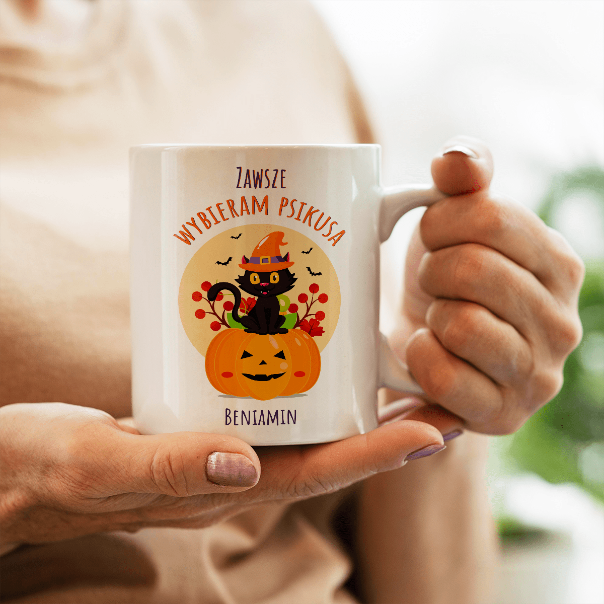 Kot na Halloween - 1x Kubek z nadrukiem, spersonalizowany prezent dla przyjaciela - idamell.com