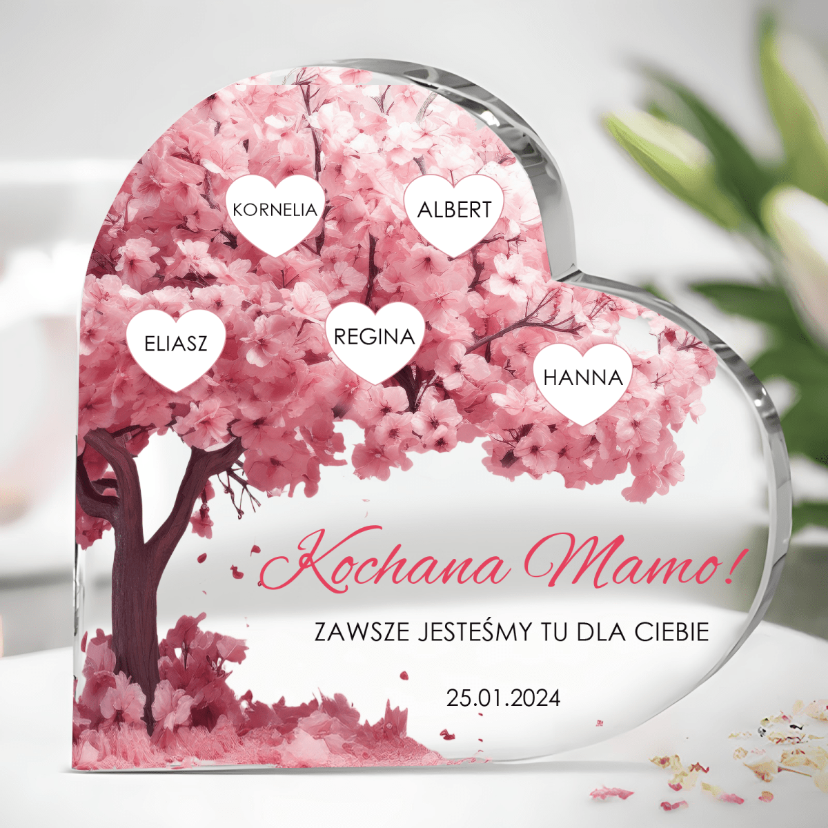 Kwieciste drzewo z imionami - Szklane serce, spersonalizowany prezent dla mamy - idamell.com