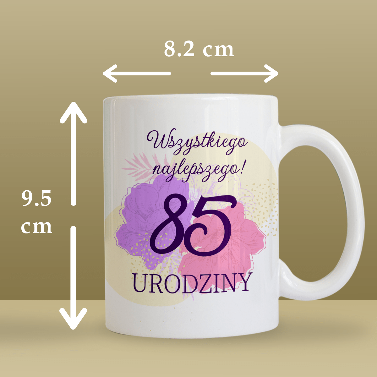 Kwiecisty wzór 85. urodziny - 1x Kubek z nadrukiem, spersonalizowany prezent - idamell.com
