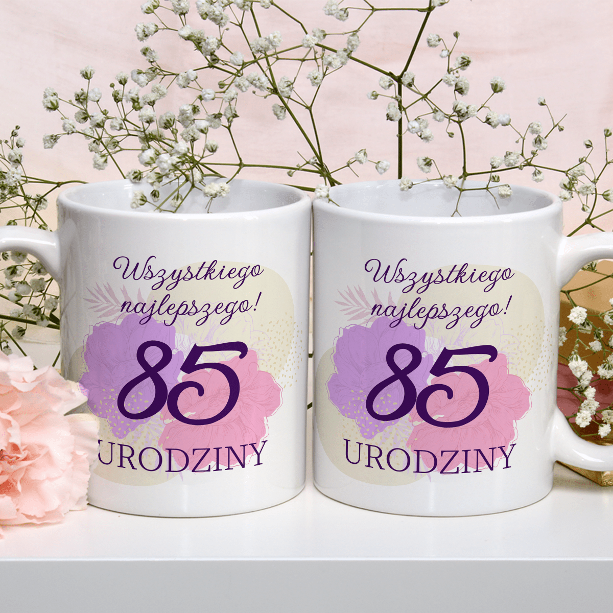 Kwiecisty wzór 85. urodziny - 1x Kubek z nadrukiem, spersonalizowany prezent - idamell.com