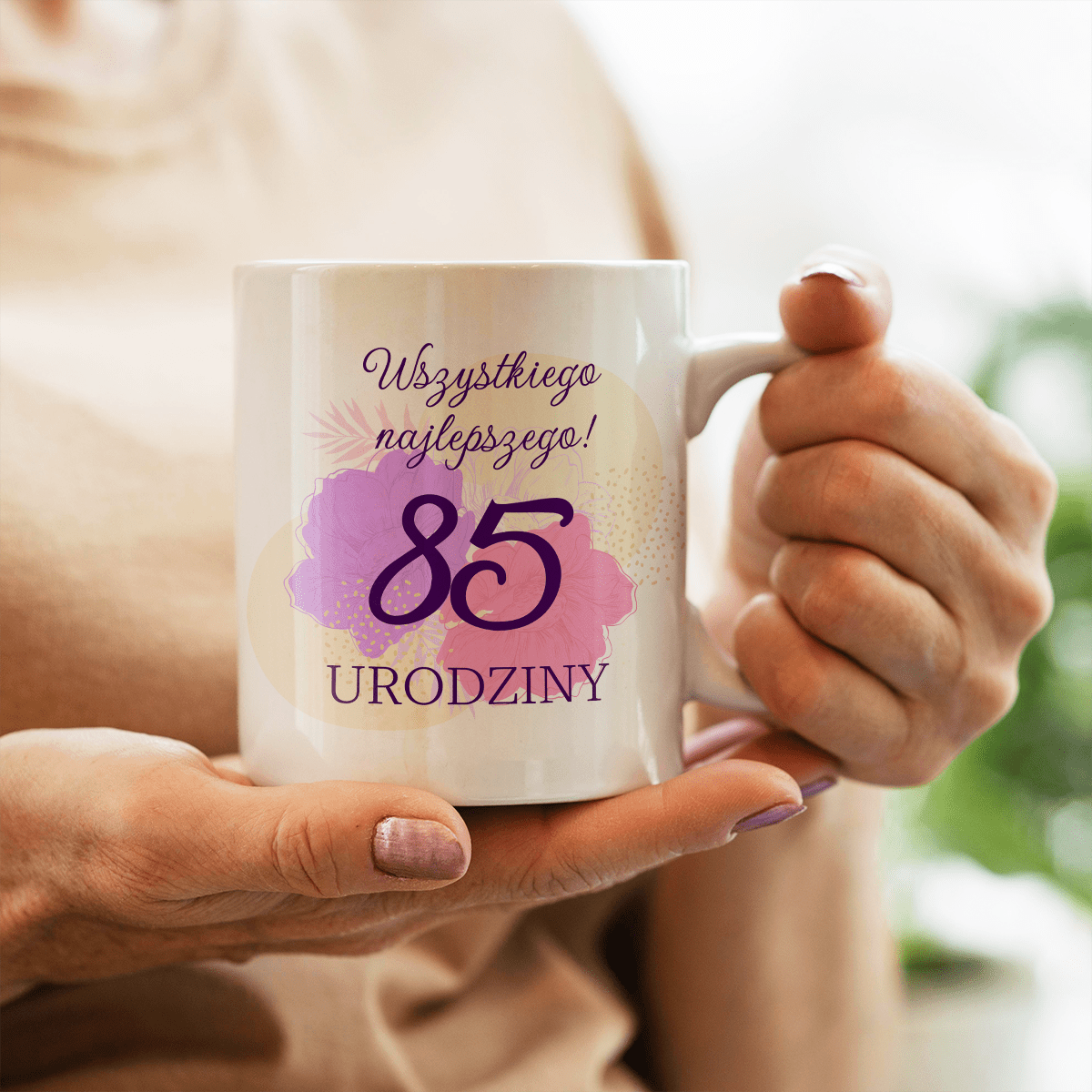 Kwiecisty wzór 85. urodziny - 1x Kubek z nadrukiem, spersonalizowany prezent - idamell.com