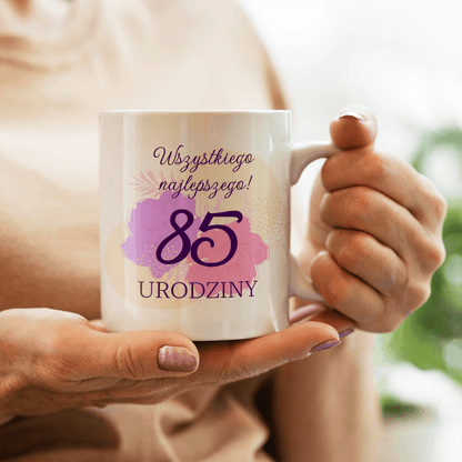 Kwiecisty wzór 85. urodziny - 1x Kubek z nadrukiem, spersonalizowany prezent - idamell.com