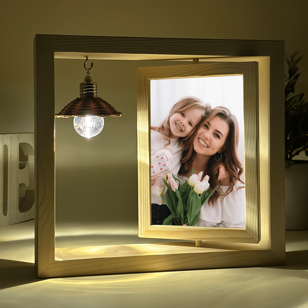 Mama i dziecko - Druk na szkle w drewnianej ramce + led, spersonalizowany prezent dla mamy - idamell.com