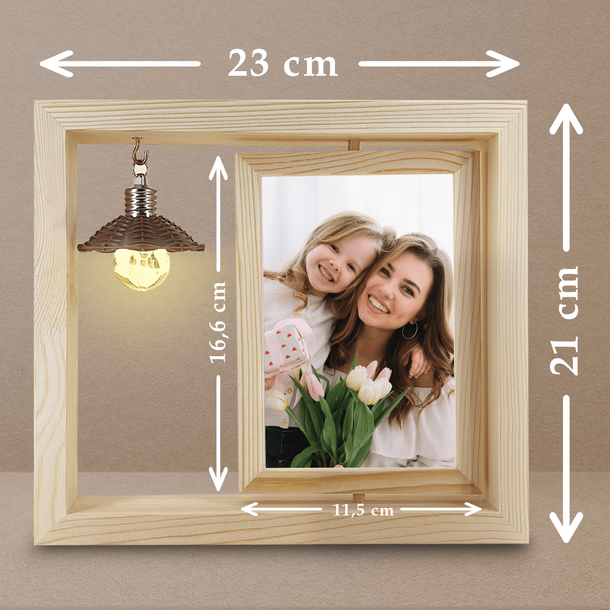 Mama i dziecko - Druk na szkle w drewnianej ramce + led, spersonalizowany prezent dla mamy - idamell.com