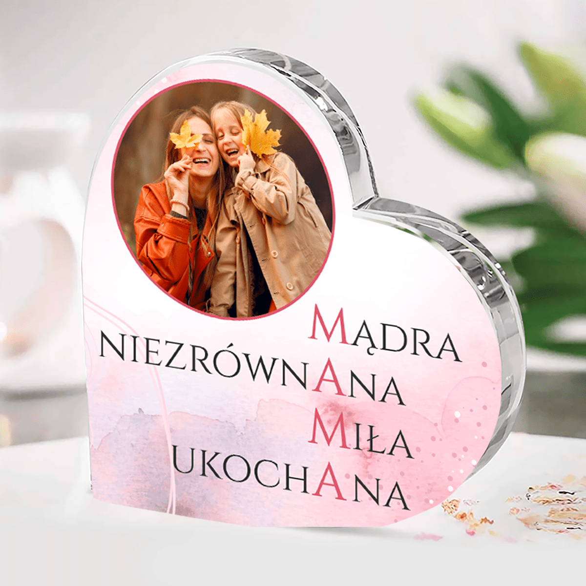 Mama zalety - Szklane serce, spersonalizowany prezent dla mamy - idamell.com