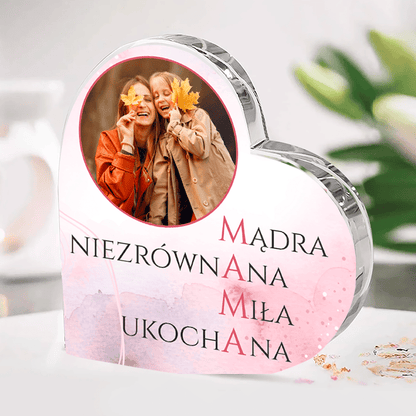 Mama zalety - Szklane serce, spersonalizowany prezent dla mamy - idamell.com
