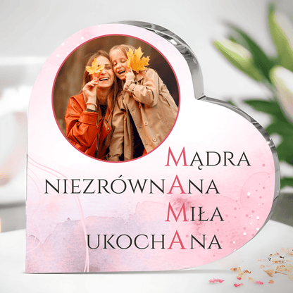 Mama zalety - Szklane serce, spersonalizowany prezent dla mamy - idamell.com