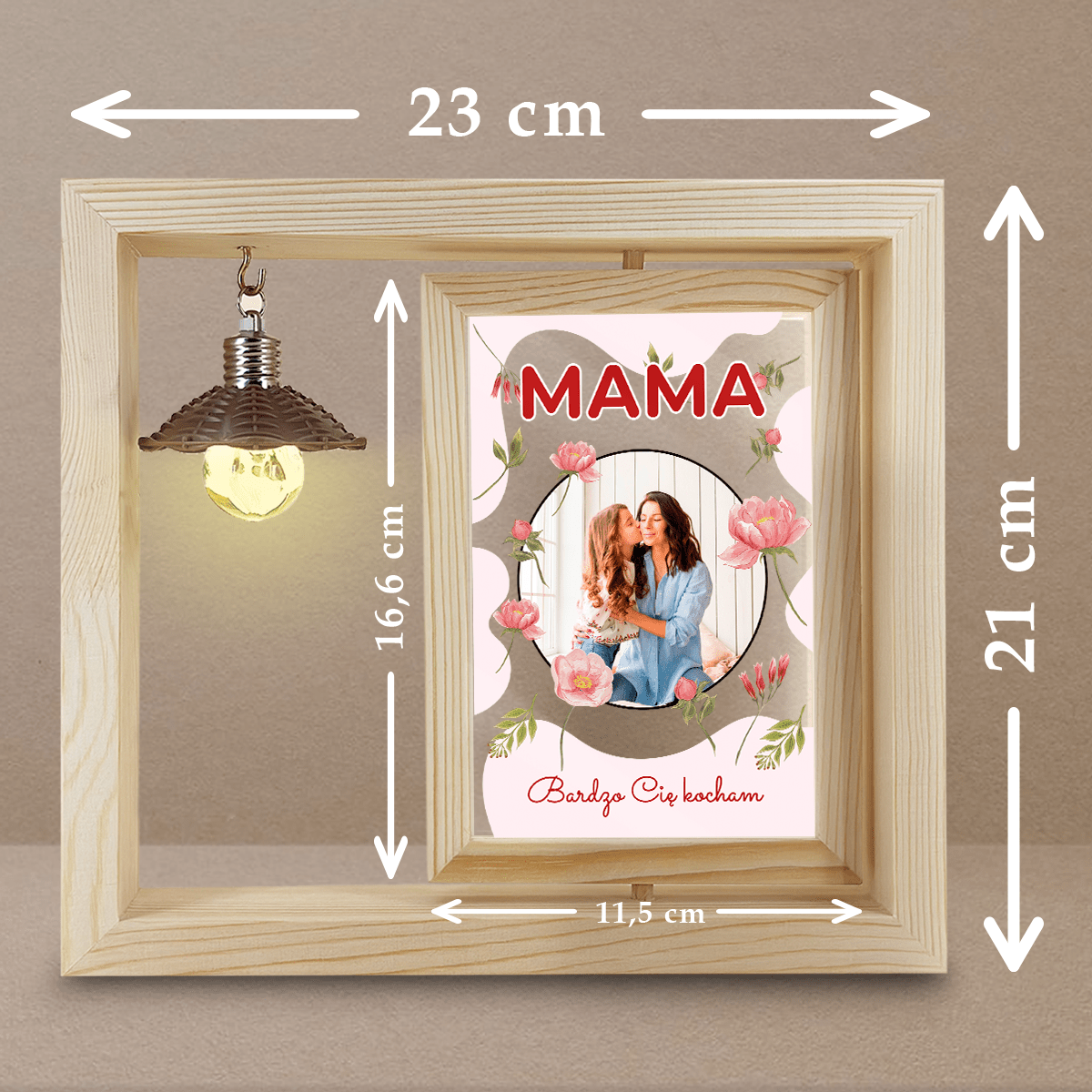 Mamo, kocham Cię - Druk na szkle w drewnianej ramce + led, spersonalizowany prezent dla mamy - idamell.com