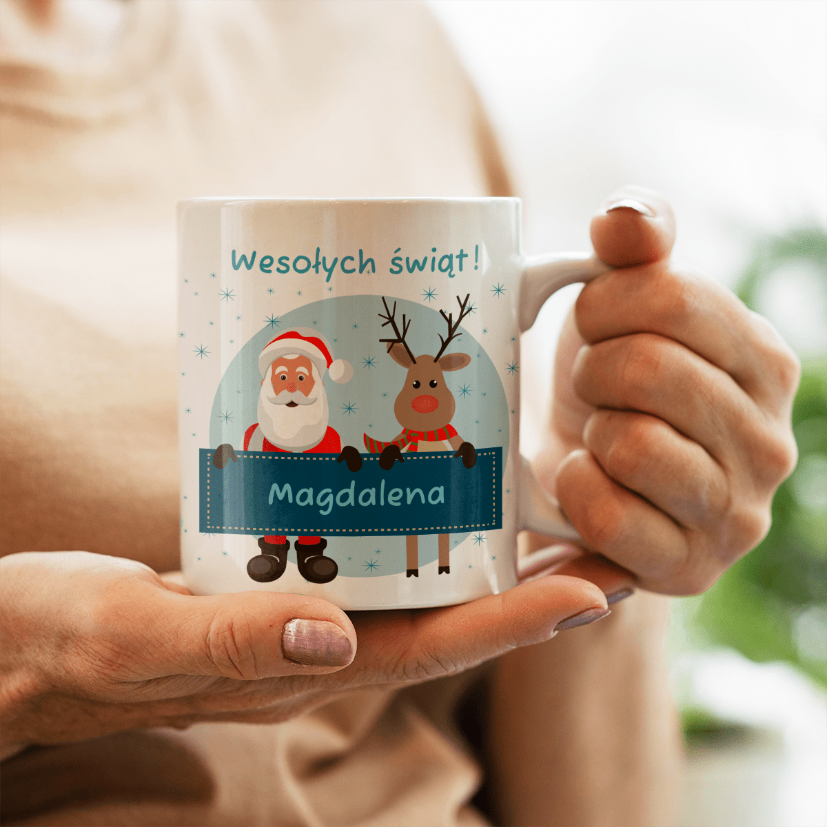 Mikołaj i renifer - 1x Kubek z nadrukiem, spersonalizowany prezent dla babci - idamell.com